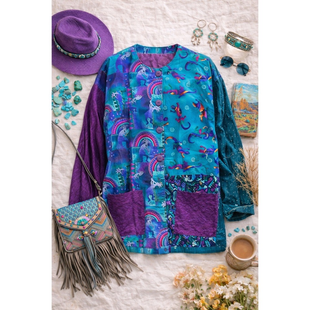 Womens XL Southwestern Kokopelli Patchwork Jacket Purple Teal Boho Art to Wear